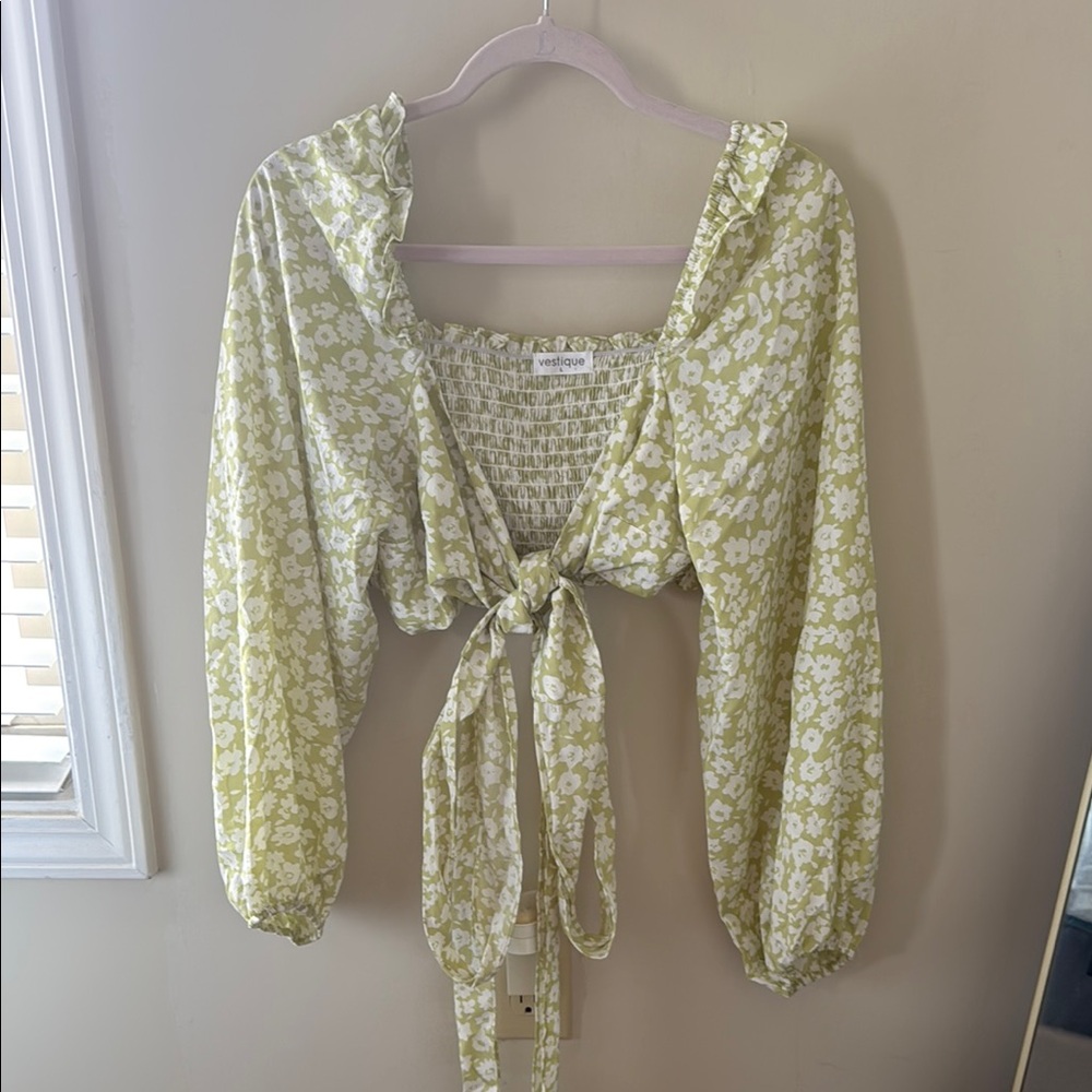 Vestique Light Green and White Ruffled Wrap Top